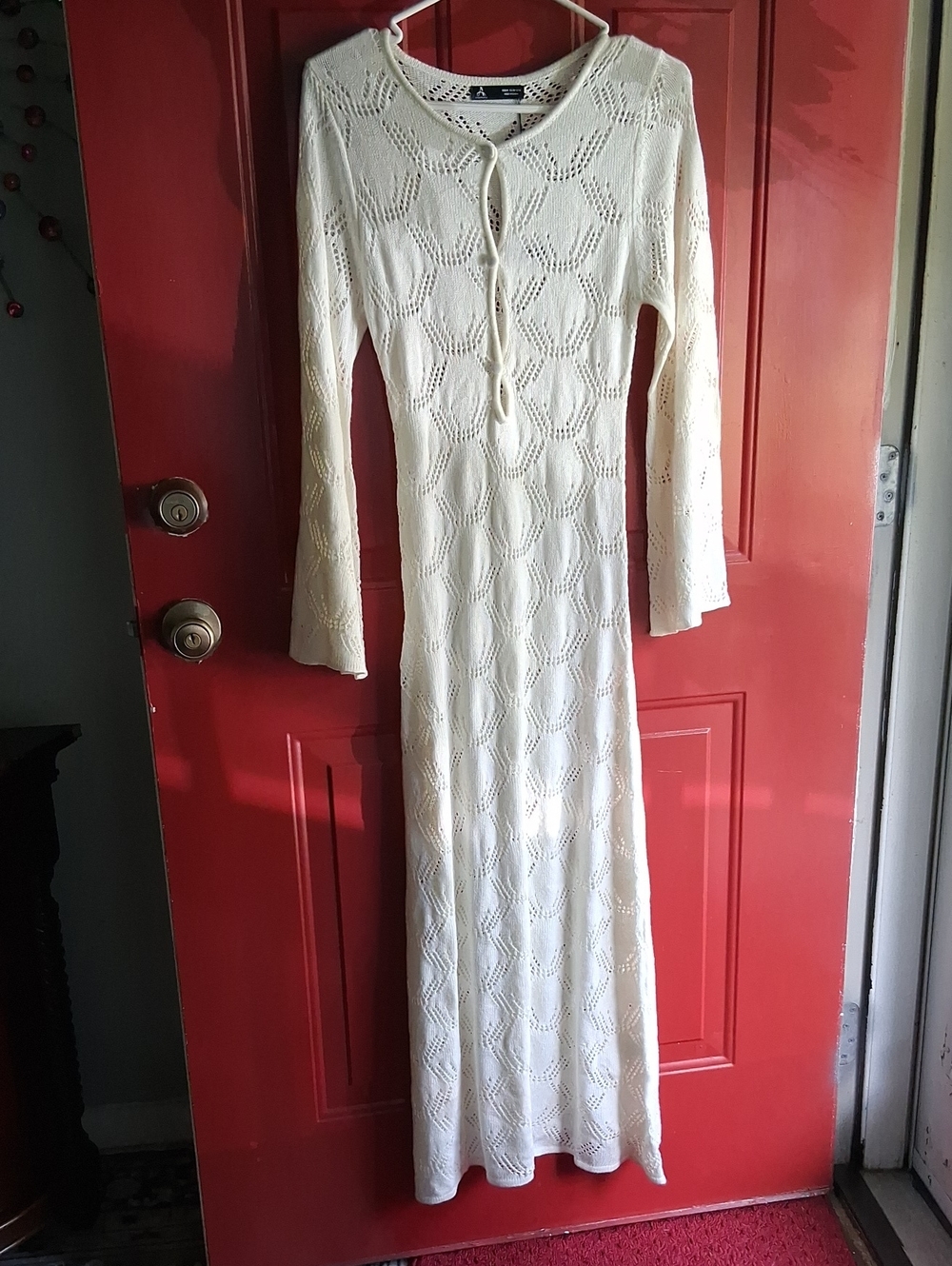 Cream Crochet Knit Maxi Dress with Tie-Front Detail